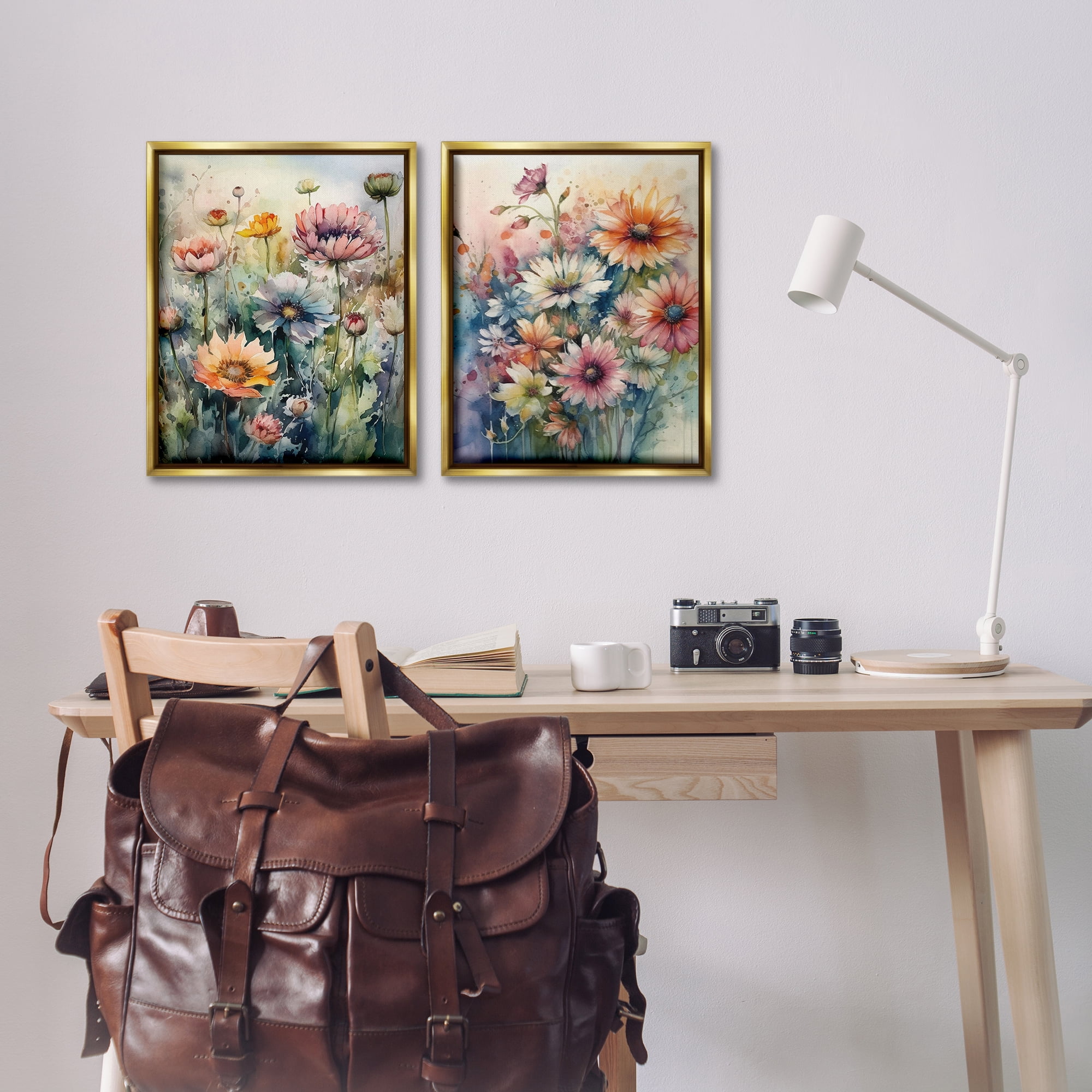 Stupell Industries Watercolor Daisy Field Flowers Plants & Flowers Painting Gold Floater Framed Canvas Art Print Wall Art, 17 x 21, Set of 2