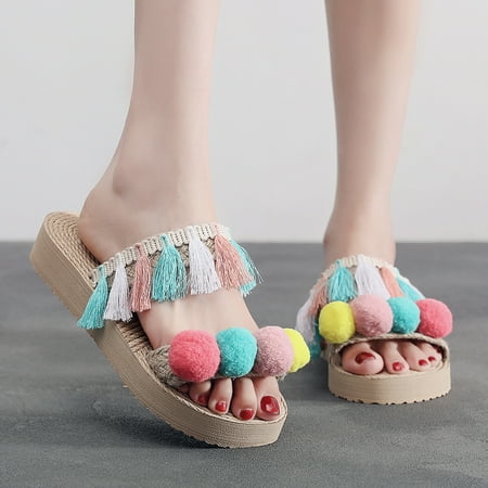 

Mishuowoti sandals for women 2023 Women s Fashionable Color Ball Tassel Flip Sandals