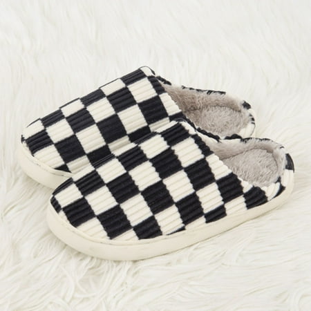 

Checkered House Slippers for Women Fuzzy Mens Slippers Casual House Shoes Memory Foam Womens Slippers Outdoor Indoor Warm Plush Bedroom Shoes with Faux Fur Lining
