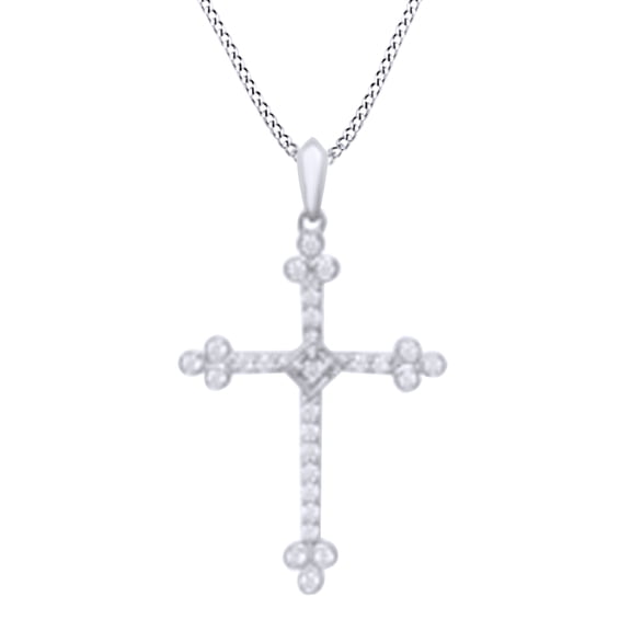 AFFY 1/4 Ct Round Natural Diamond Cross Pendant Necklace In 14K Solid White Gold