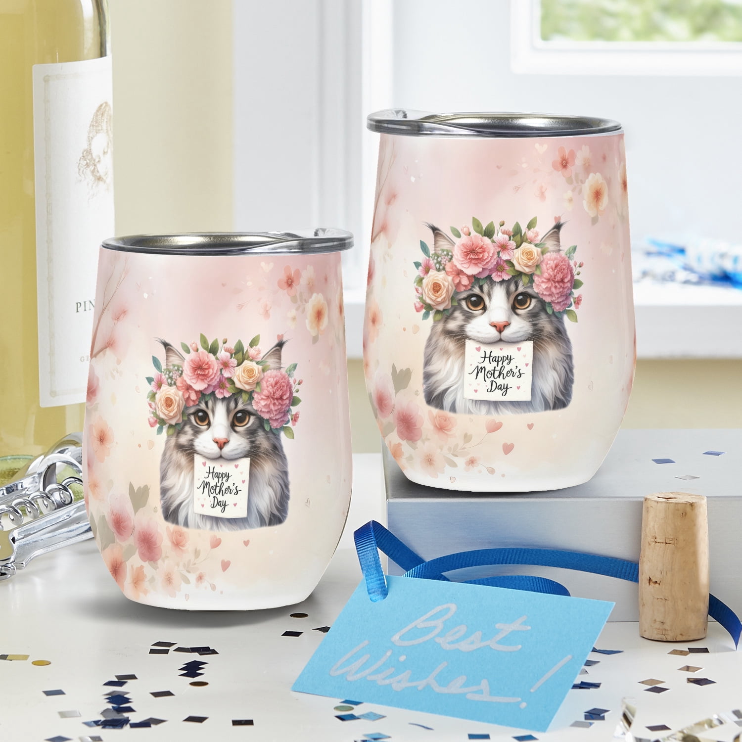 Happy Mother's Day Maine Coon with Flower Crown and Greeting Card 12oz Stainless Steel Wine Tumbler Insulated Cup with Lid Cat Lover Kitten Owner Gifts - 13004