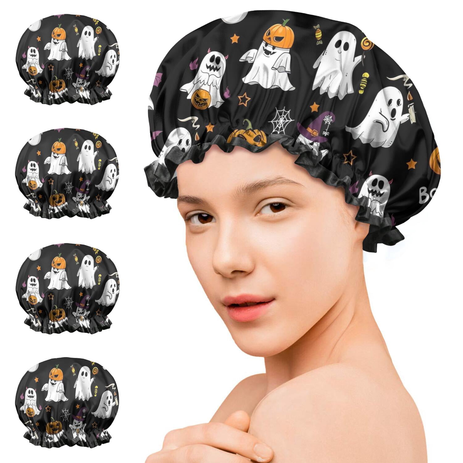 Shower Caps,Black Halloween Ghosts and Pumpkins Waterproof Shower Cap for Women 4 Pieces,Double Reusable Hair Cover for Shower PEVA Elastic Stretch Hem