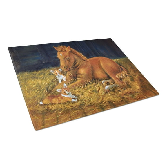 Caroline's Treasures Corgi Sunrise with Colt Glass Cutting Board Large