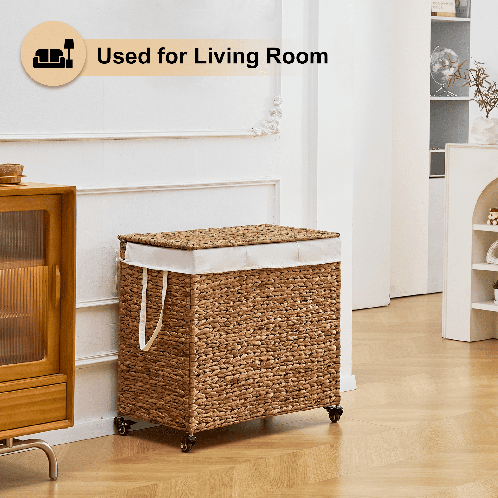 160L 3-Section Laundry Hamper with Lid and Wheels, Woven Natural Water Hyacinth