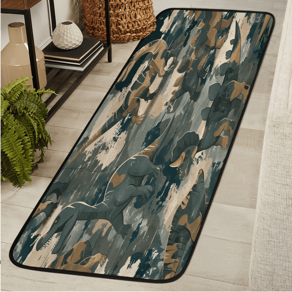 CURLYOOT Camouflage Dino Dinosaur Runner Rug 2'x6' Washable Kitchen Runner Rug Indoor Non Slip Laundry Rugs Floor Carpet for Hallway Kitchen Entryway Bedroom Living Room