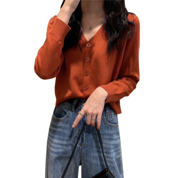 Ochine Knit Top V Neck Button Front Long Sleeve Solid Color Causal Loose Fashion Blouse Summer Sweater Ribbed Cardigan Lightweight Tee Shirts Summer Fall for Women, Average Size