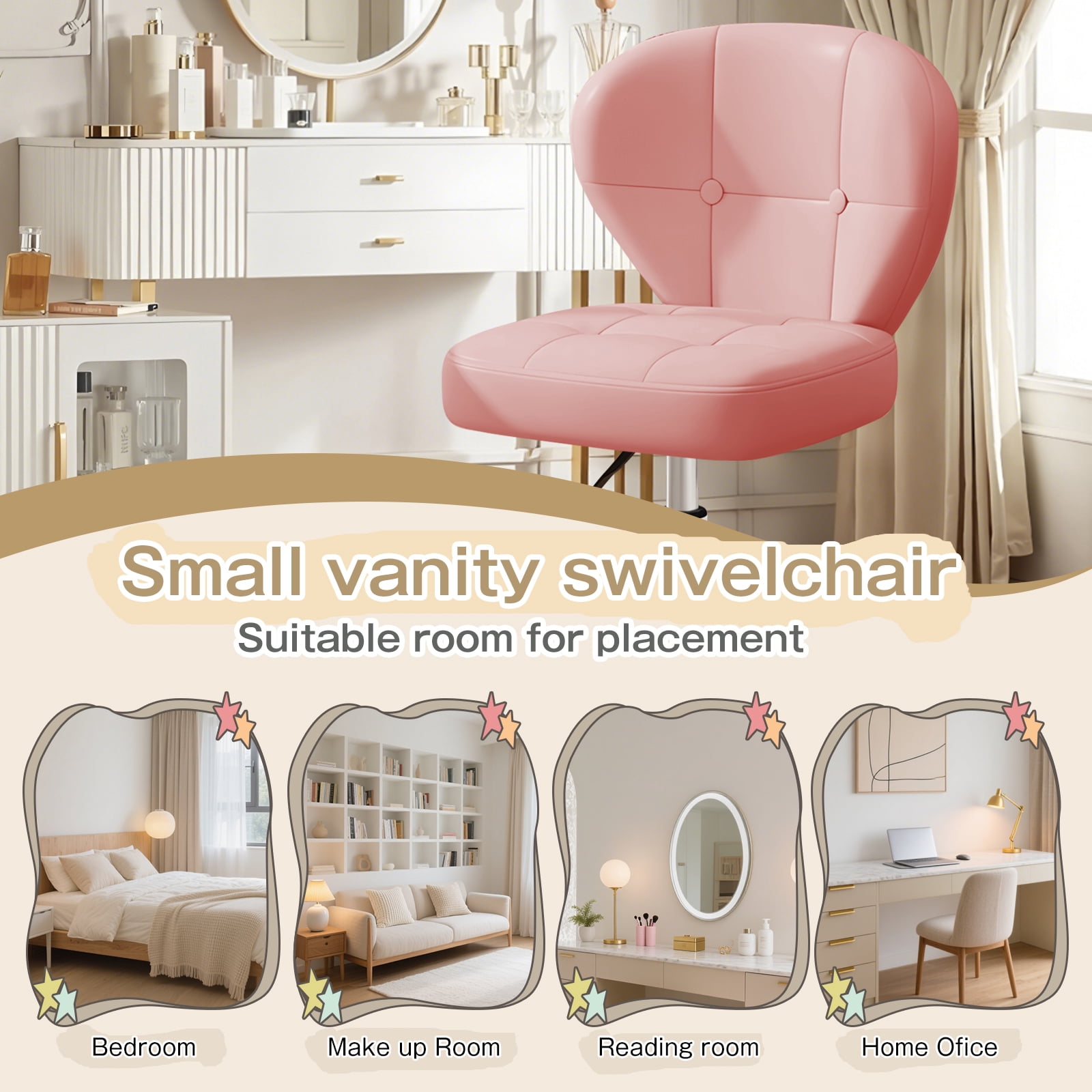 Vanity Chair with Back – Small Armless Office Chair with Wheels, Lumbar Support, PU Leather, Adjustable Height, 360° Swivel for Home, Bedroom, Office Pink