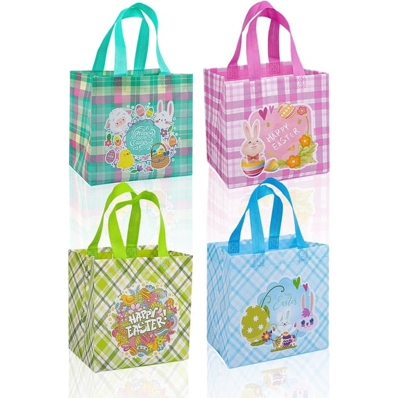 Minzimin 4Pcs Easter Non-woven Bags with Handle, Happy Easter Gift Bags with 20 pcs Tattoo, Reusable Easter Goodie Bags for Kids, Rabbit Bunny Treat Bags, Easter Party Supplies.