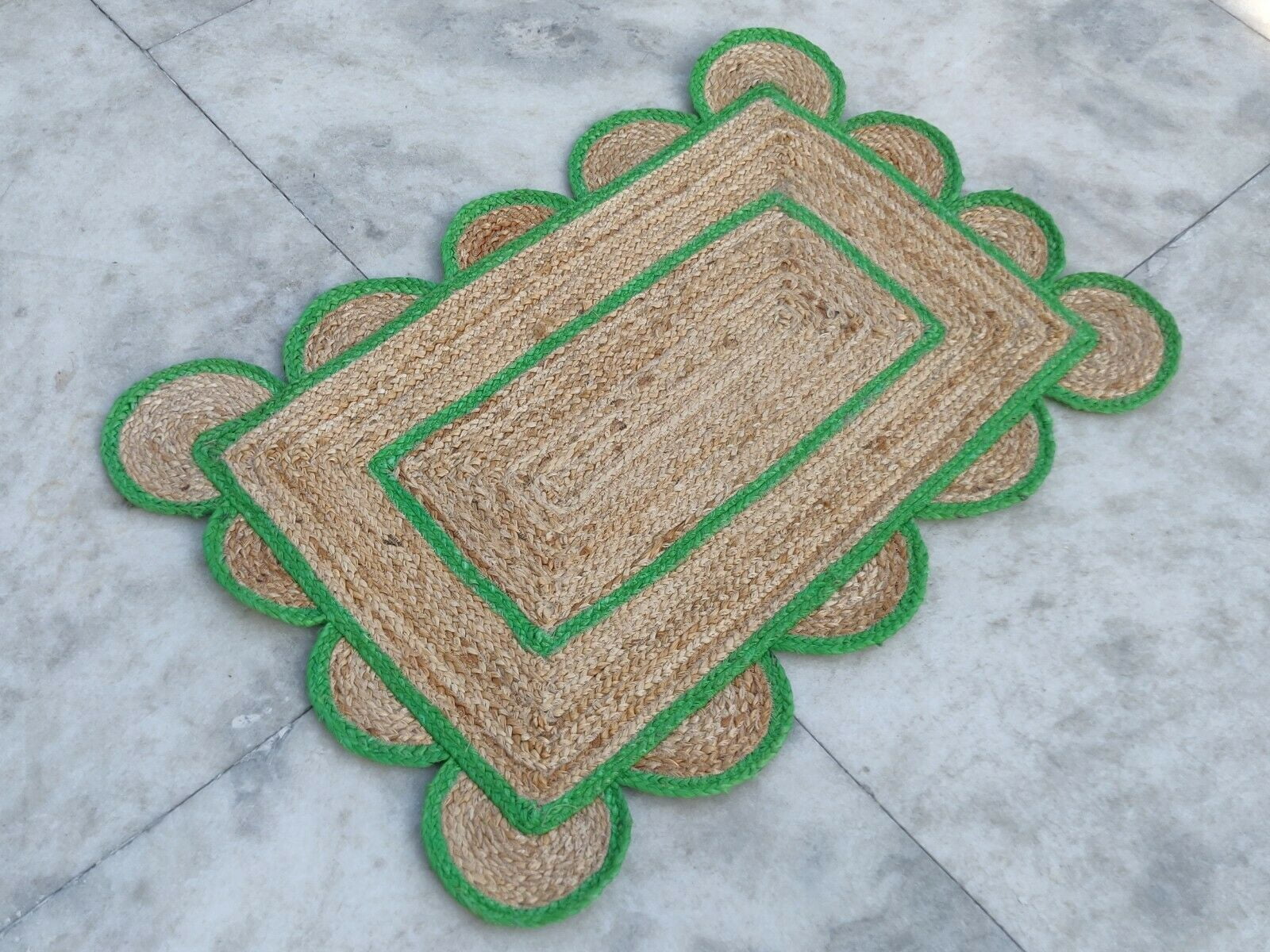 2 x 3 Feet ( 60 cm x 90 cm ) Natural Jute with Green Scalloped Area Rugs , Home Decor Rugs