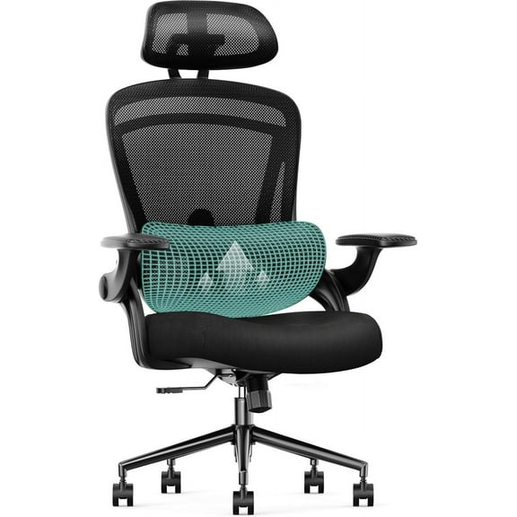 Sweetcrispy Ergonomic Mesh Office Chair, High Back with 2D Headrest, Up&Down Lumbar Support, Swivel Computer Task Desk Chairs with Adjustable Flip-up Armrests