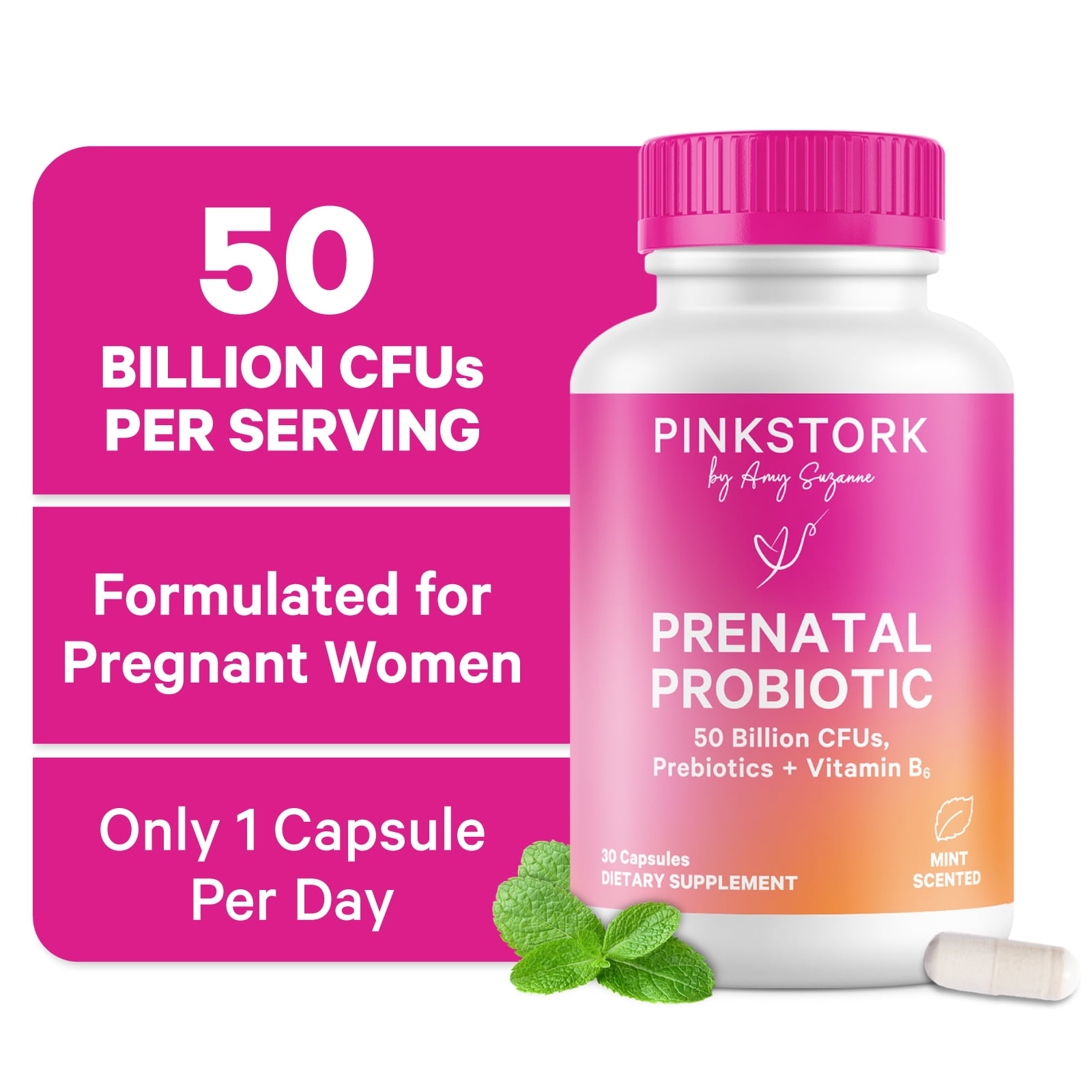Pink Stork Prenatal Probiotics for Women with Vitamin B6 and Prebiotics- Mint Scented- 30 Capsules