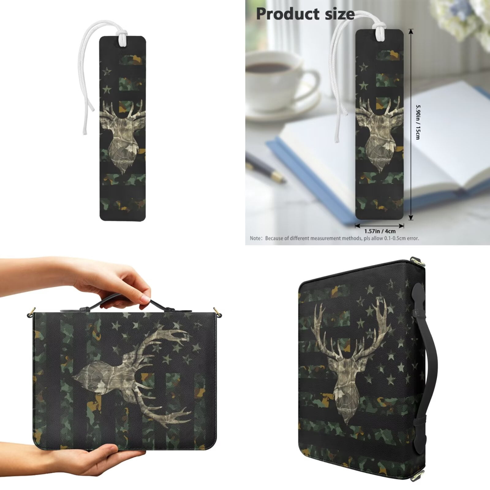 Kuiaobaty Deer Camo Hunting Print Bible Cover Case for Women American Flag Print Church Bag Scripture Case with Shoulder Strap Portable ens Christian Study Accessories with Bookmark for Church