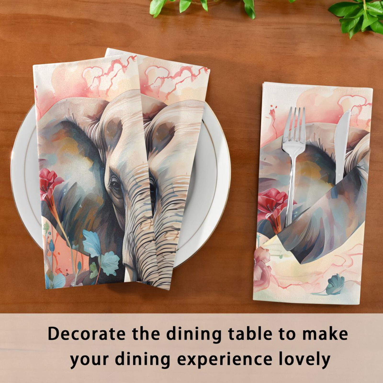 JSTEL Elephant Flowers Waterdolor Cloth Napkins Set of 6, 20x20 Inch Washable and Reusable Napkin for Decoupage Dinner Party Everyday Use