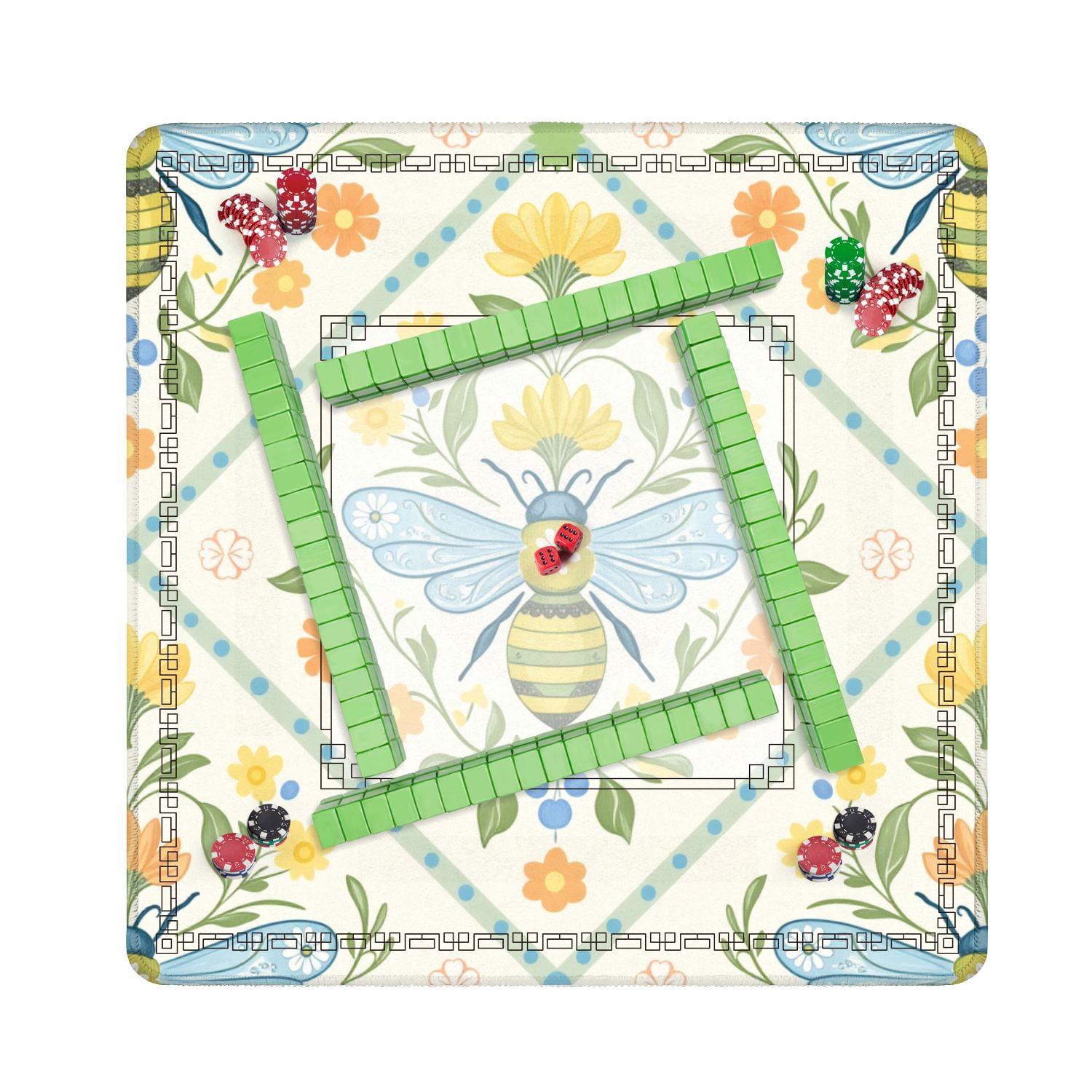 Mahjong Mat 31.5" x 31.5" Whimsical Bee Floral Soft Pastel Colors Non-Slip Noise Reduction American Mahjong Tiles Table Cover for Dominoes Poker Card Board Games Gift
