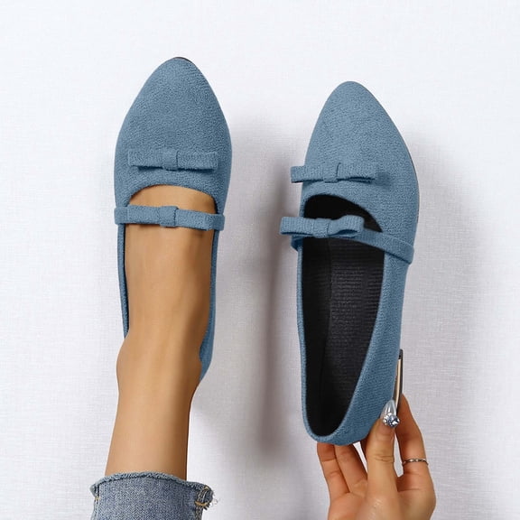 WAVSUF Fashionable Chunky Heel Flats For Ladies, Wide Width Retro Bow Closed Toe Daily Dressy Shoes Blue 5.5
