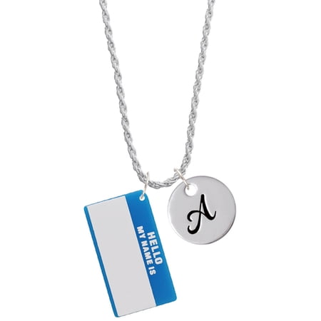 Delight Jewelry Acrylic Blue "Hello" Name Tag Silvertone Script Initial Disc - A - Charm Necklace, 20"+3"