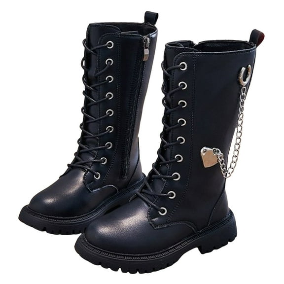 Kids Girls Riding Boots Knee High Fashion Metal Chain Lace up Zipper Mid Calf Combat Booties