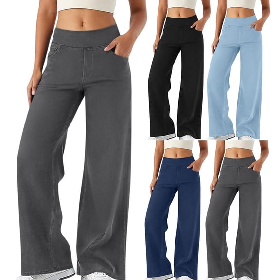 zaveiop Wide Leg Jeans Woman High Waisted Pull on Baggy Jeans for Women Stretchy Trendy Womens Jean Straight Casual Denim Pants (Dark Gray, XL)