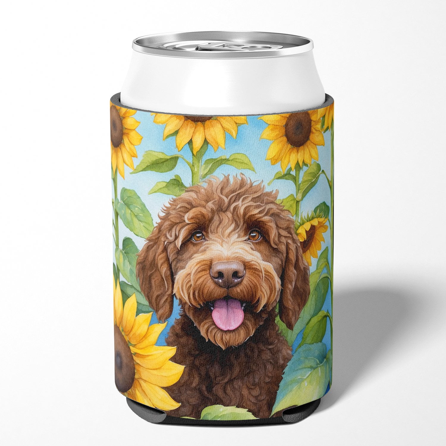 Labradoodle in Sunflowers Can or Bottle Hugger 3 in x 5 in