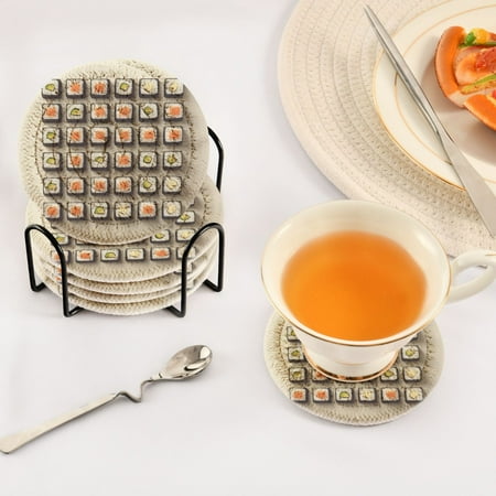 

Sushi Rolls Pattern Set of 6 Durable Woven Polyester Coasters with Black Storage Rack 4in