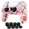 Controller Case for PS5 Silicone Controller Skin Dualsense Cover + 8 Pro Thumb Grips Set Sony Playstation 5 Skins Accessories Pink Flower with Ergonomic Textured Grip