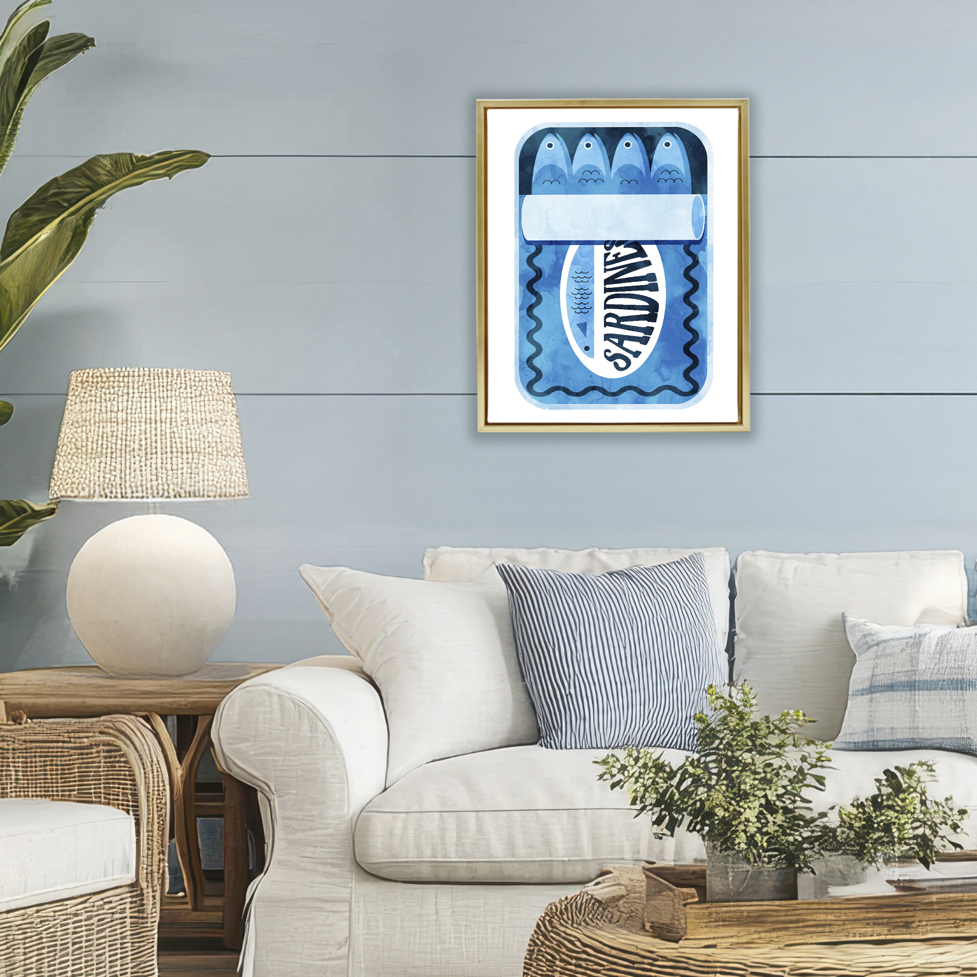 Retro Blue Sardine Tin Gold Framed Floater Canvas Wall Art, design by Daphne Polselli