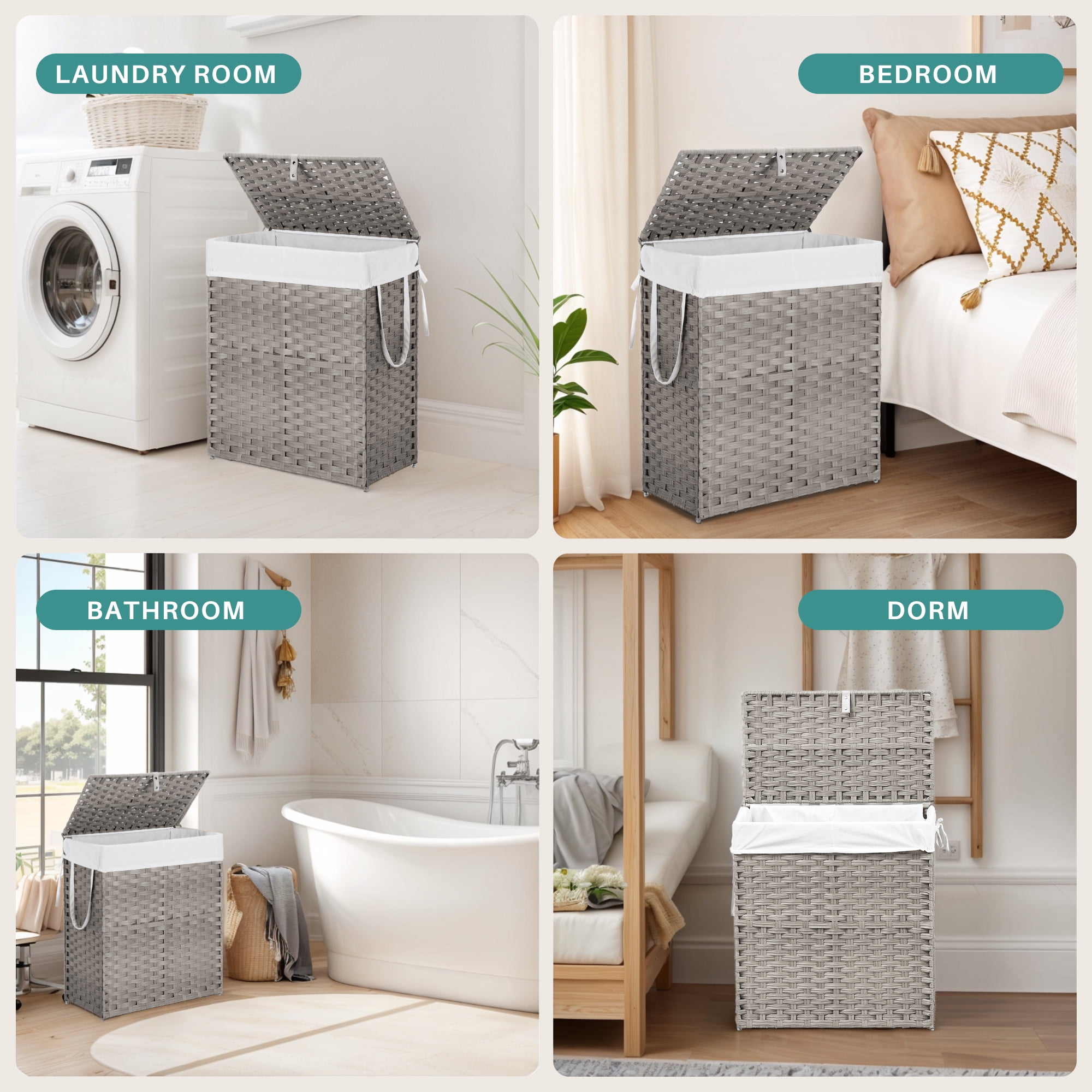 110L Foldable Laundry Hamper with Lid and Removable Liner, Wicker Basket for Bedroom & Bathroom, Gray
