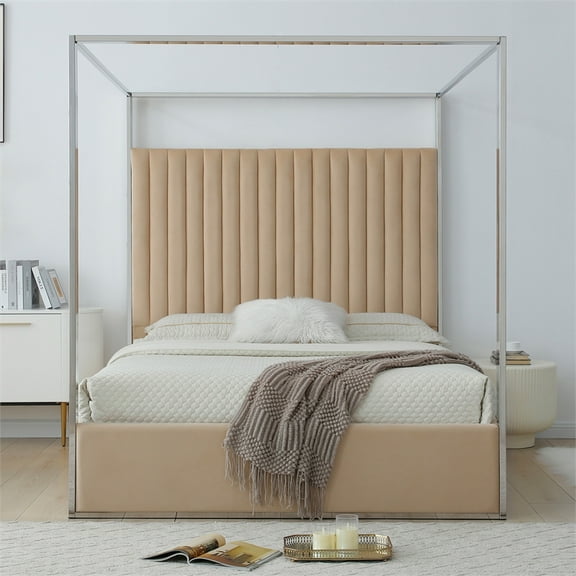 Jeffrey Canopy Velvet Upholstered Queen Bed Frame In Camel