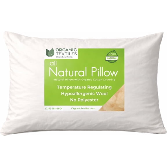 Organic Textiles Wool Bed Pillow with GOTS CERTIFIED Organic Cotton Cover - Adjustable Loft (Standard - 25"x20") - Pack of 1