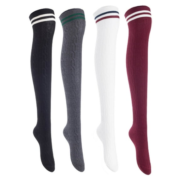Lian Lifestyle Women's 4 Pairs Incredible Durable Super Soft Unique Over Knee High Thigh High Cotton Socks, Size US 6-9, JMYP1023 Black, Dark Gray, White, Wine