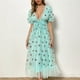 thumbnail image 4 of Puntoco Vestido De Manga Corta Con Cuello En V, Vestido Largo De Manga Corta Con Cuello En V Para Mujer, Bordado De Lentejuelas, Vestido De Malla Con Cintura Con Cordones Francés, Azul Claro M, 4 of 9