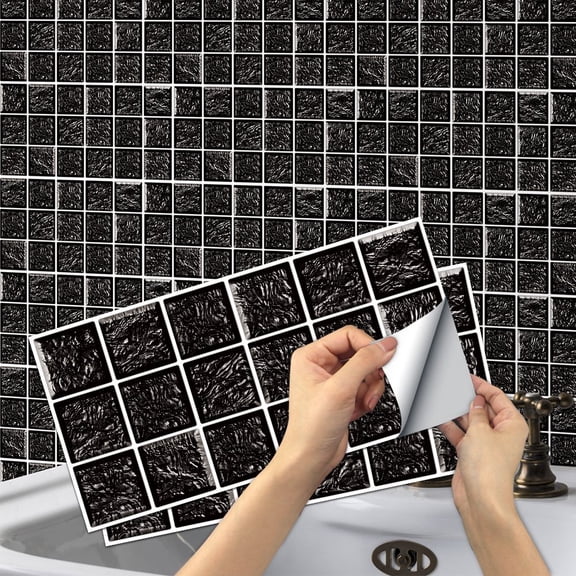 6Pcs Self Adhesive Waterproof Tile Stickers 11.8x5.9inch Wall Decals Black Mosaic Pattern Vinyl Peel and Stick Kitchen Backsplash Wallpaper
