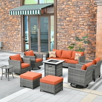 Ovios 9 Pieces Outdoor Patio Furniture with 30Inch Gas Fire Pit Table CSA Approved Grey Wicker Conversation Set with 360 Degree Swivel Rocking Chair, Metal