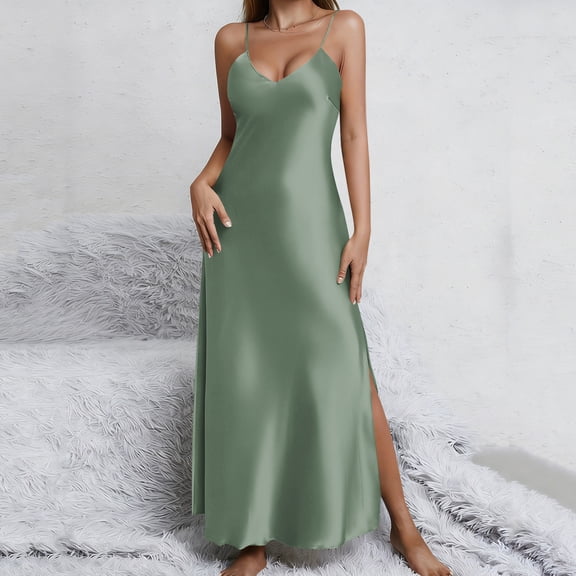 Women's Summer Sleeveless Camisole Nightgowns Dresses Split Slit V Neck Satin Spaghetti Strap Night Gown Womens Casual Solid Plus Size Lightweight Comfy Sleepwear Lounge Nightdress