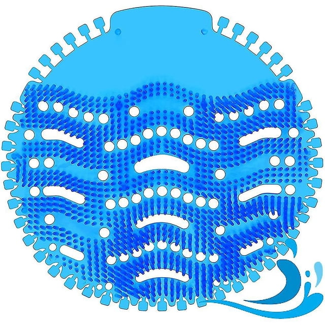 10 pack urinal screens deodorizer, urinal cake long bristle anti-splash and anti-clogging lasting o Azul disco plástico de 16.7 cm con patrón en ondas, cerdas largas y orificios circulares; flexible, atrapa residuos, reduce salpicaduras y libera fragancia por 30 días. A menudo usado en urinarios comerciales y adecuado para protección temporal de desagües pequeños.