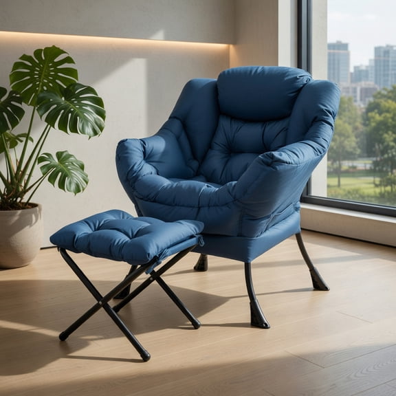 Topcobe Modern Accent Sofa Chair with Folding Footrest and Side Pocket, Upholstered Lazy Chair, Navy
