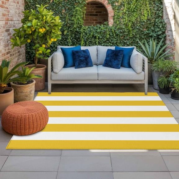 Outdoor Rug 3x5 ft Yellow White Stripe Outdoor Large Area Rug Non Slip Rubber Simple Style Striped Front Door Mat RV Rug Camping Carpet Patio Outdoor Rugs for Backyard Balcony Deck Porch Indoor