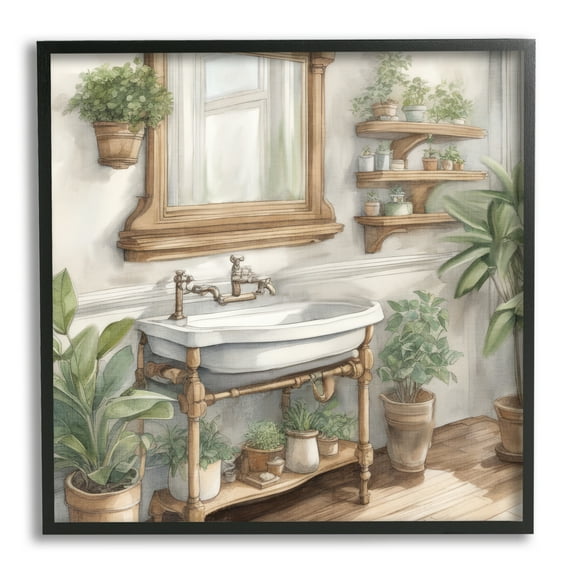 Stupell Industries Bathroom View with Plants Botanical & Floral Painting Black Framed Art Print Wall Art, 12 x 12