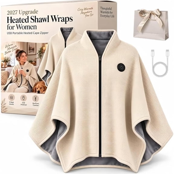 2027 Upgrade Heated Shawl Wraps For Women, Cordless Heat Cape,Usb Portable Heated Cape Zipper, Washable Wireless Shawl With 3 Heat Settings & Fast Heating For Office Travel Car