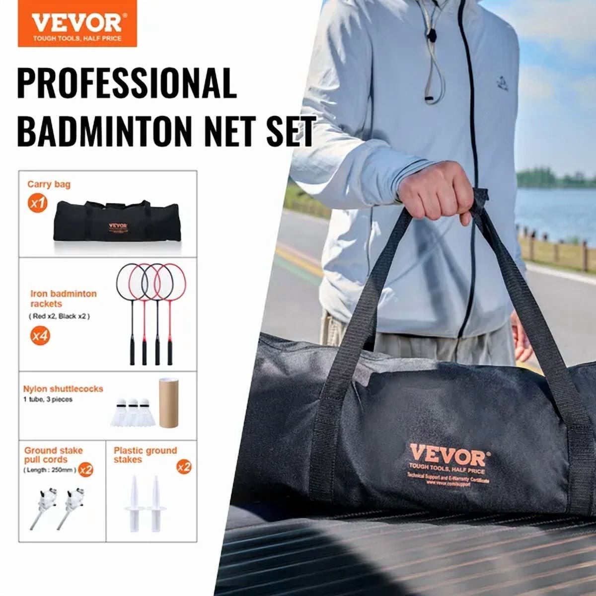 Portable Badminton Net Set with Poles Carrying Bag 4 Iron Rackets 3 Nylon Shuttlecocks for Outdoor Backyard Beach Park Adults and Kids