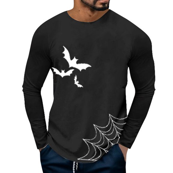 Halloween Gift for Men T Shirt for Men Halloween Batnet Long Sleeve Crewneck Top Novelty Tee for Seasonal Fashion Black XL