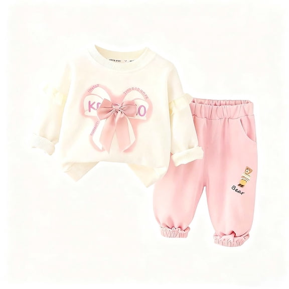 SGMVNU Girls 2 Piece Clothes Toddler Fall Winter Outfit Ruffles Crewneck Bow Pullover Sweatshirt with Joggers Pants Set(Size 5-6 Years, Pink)