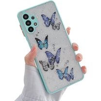 case for Samsung Galaxy A32 Case 5G Cute Glitter Butterfly Full Camera Lens Protection Cases for Women Girls Soft TPU Clear Shockproof Bumper for Samsung A32 5G Version 6.5 Inch (Blue)