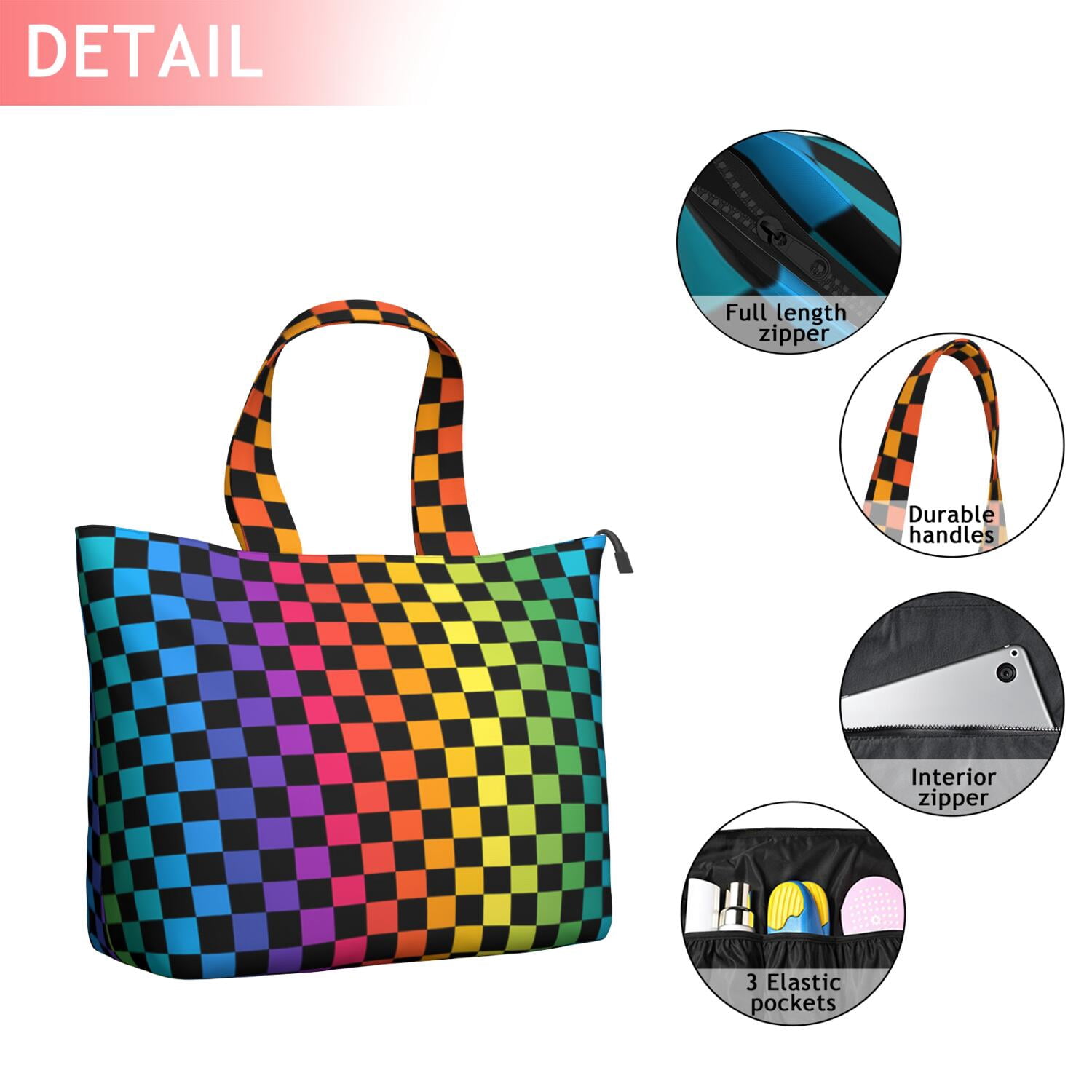 Rainbow Checkered Pattern Travel Tote Bags for Women Carry On,Large Weekender Bags for Women Travel,Multi Functional Duffle Bag for Work,Shopping,Sports