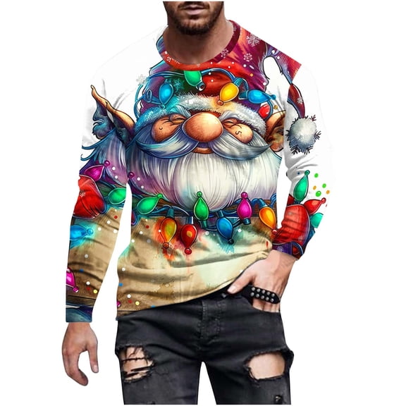 Fjofpr Mens Shirts Long Sleeve Casual Big and Tall Shirts for Men Man Christmas Printing Round Neck Long Sleeve Blouse