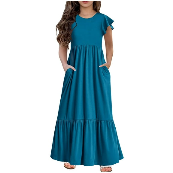 AJTQTH Stylish Princess Dress for Girls Solid Color Gowns Crewneck Flutter Sleeve Sundress Tunic High-Waisted Maxi Dress Flowy Frocks with Pocket for Casual Party Light Blue 8 Years