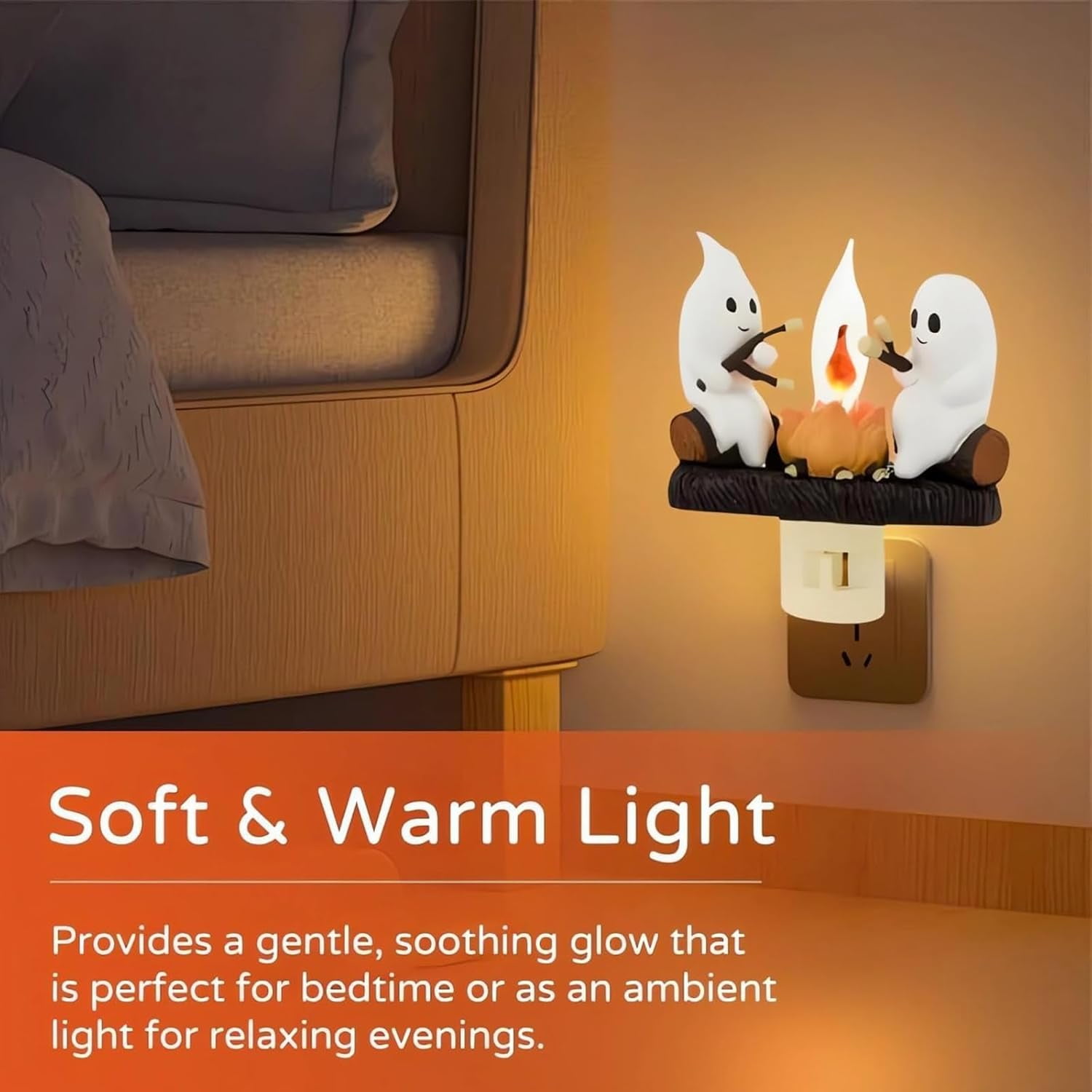 2024 Ghost Campfire Flickering Nightlight, Halloween Night Lights Plug into Wall, 3D Spooky Fire Marshmallow Night Light, Ghost Pumpkin Night Light Dusk Funny Halloween Room Decorations (A-1PC)