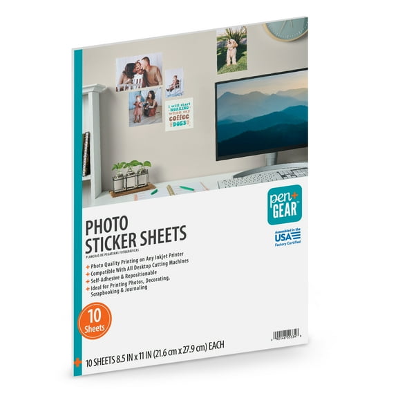 Pen+Gear Photo Stickers, 10 Sheets, White, 8.5" x 11"