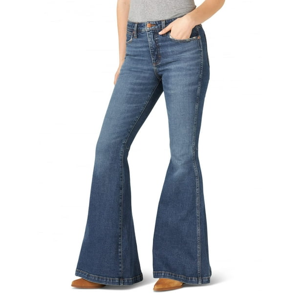 Jeans Wrangler para mujer, estilo retro, talle alto, con forma de trompeta, estampado acampanado