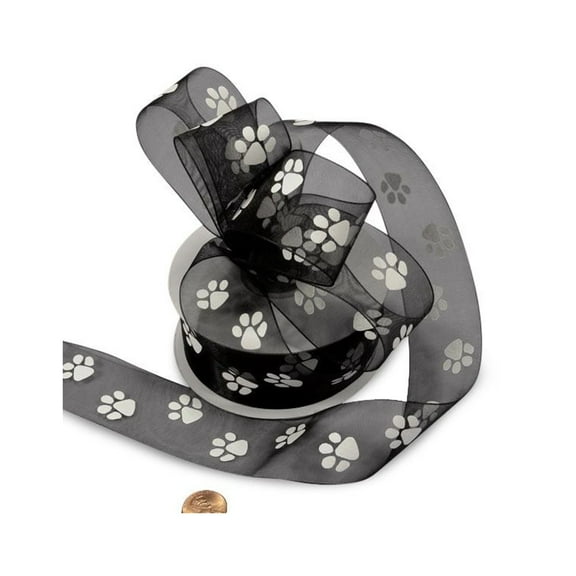 1.5" Wide Black Sheer Paw Print Ribbon - 25 Yards (Not Wired) (4857439a)